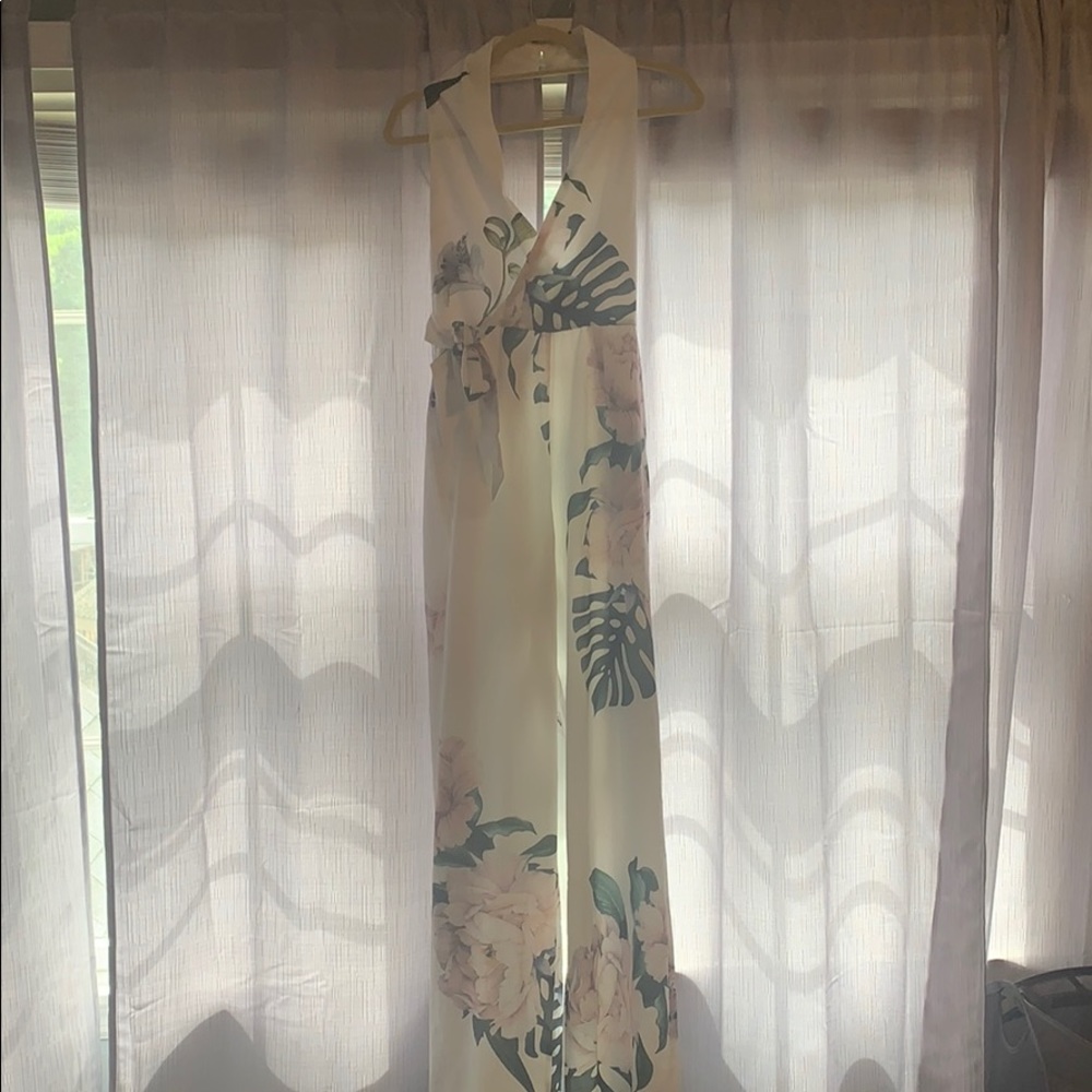 Open back floral halter top jumpsuit